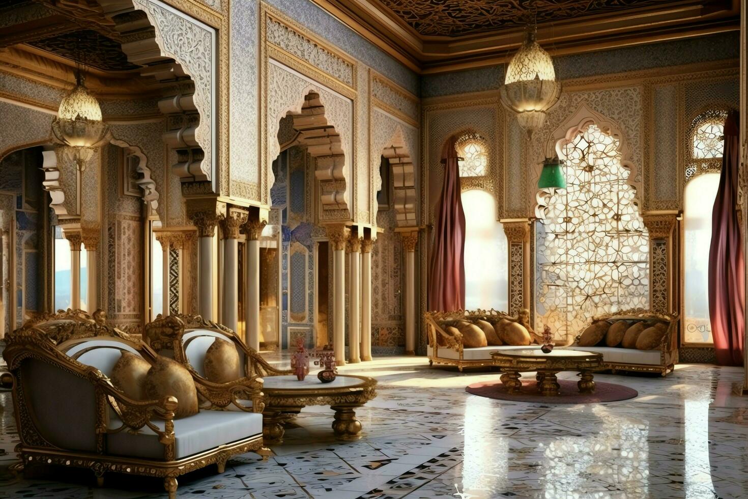 Very luxurious room and large with walls decorated with moroccan mosaic. Room in traditional islamic concept by AI Generated photo