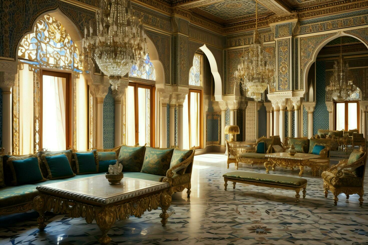 Very luxurious room and large with walls decorated with moroccan mosaic. Room in traditional islamic concept by AI Generated photo