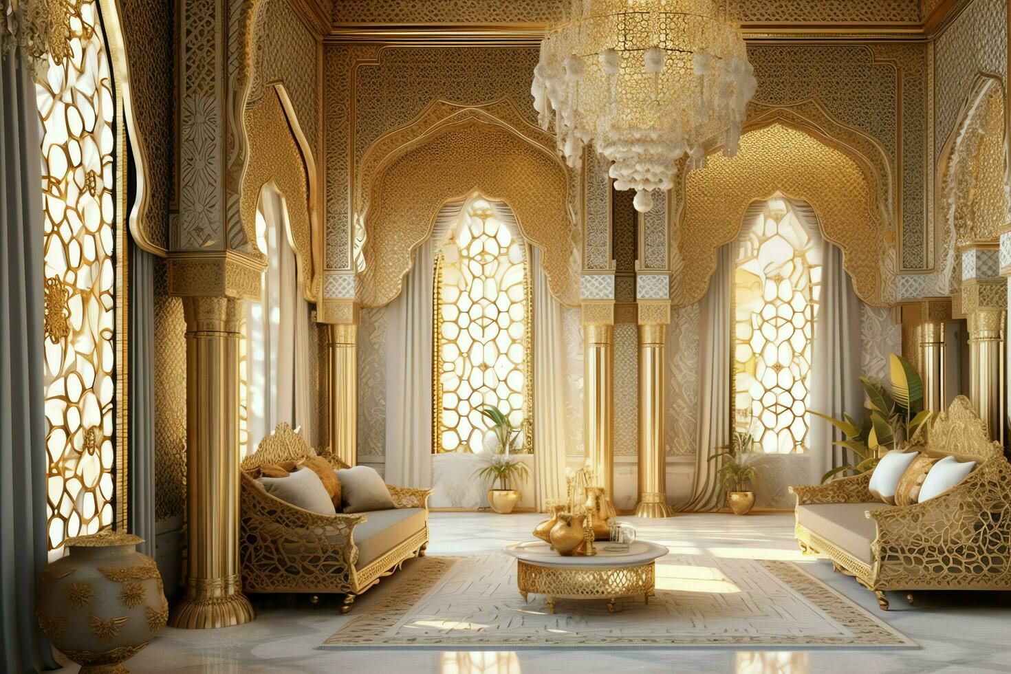 Very luxurious room and large with walls decorated with moroccan mosaic. Room in traditional islamic concept by AI Generated photo