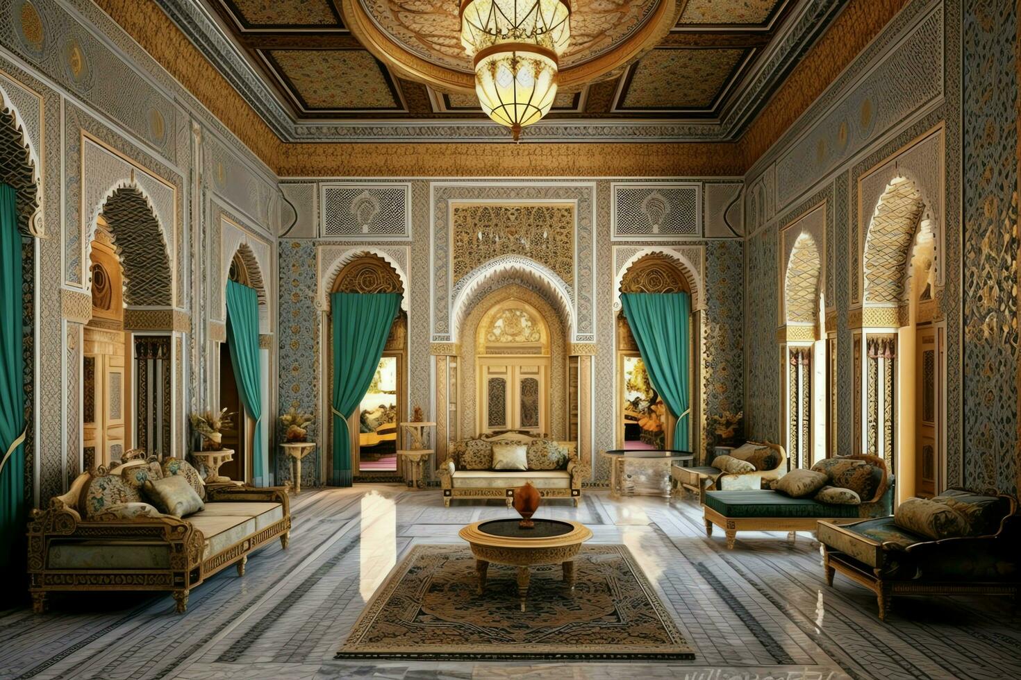 Very luxurious room and large with walls decorated with moroccan mosaic. Room in traditional islamic concept by AI Generated photo