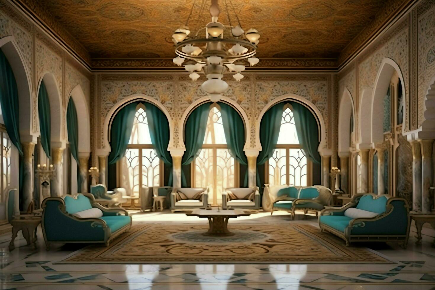 Very luxurious room and large with walls decorated with moroccan mosaic. Room in traditional islamic concept by AI Generated photo