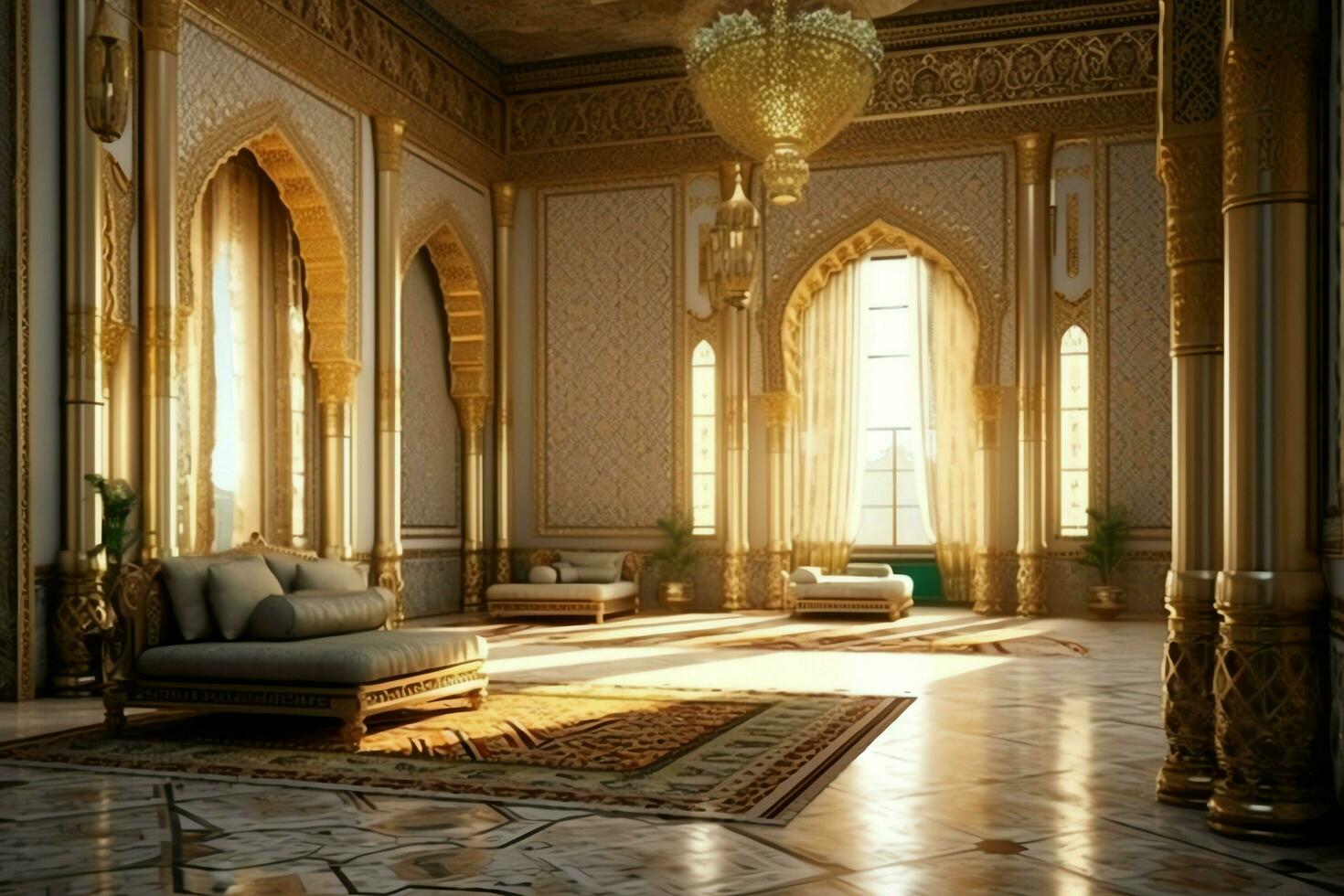 Very luxurious room and large with walls decorated with moroccan mosaic. Room in traditional islamic concept by AI Generated photo