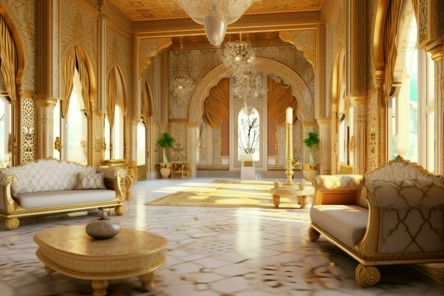 Very luxurious room and large with walls decorated with moroccan mosaic. Room in traditional islamic concept by AI Generated photo