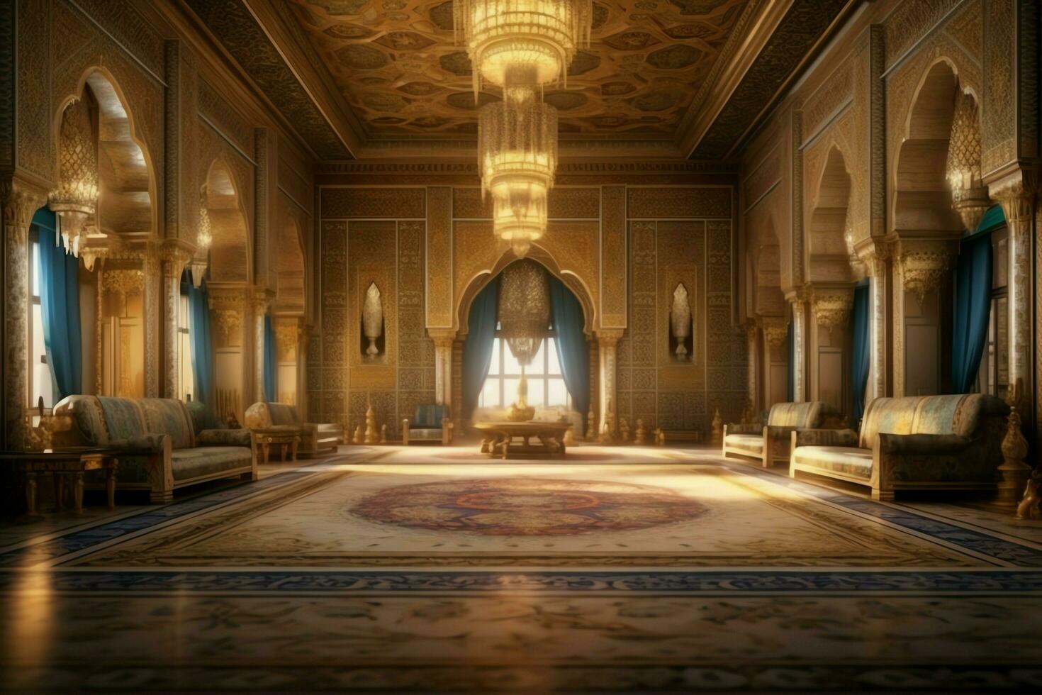 Very luxurious room and large with walls decorated with moroccan mosaic. Room in traditional islamic concept by AI Generated photo