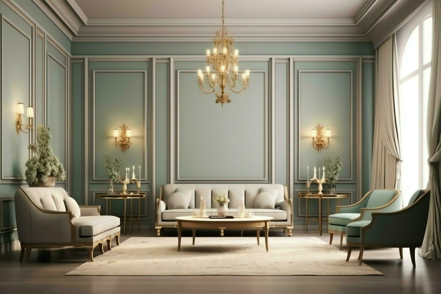 Very luxurious room and large with walls decorated with moroccan mosaic. Room in traditional islamic concept by AI Generated photo