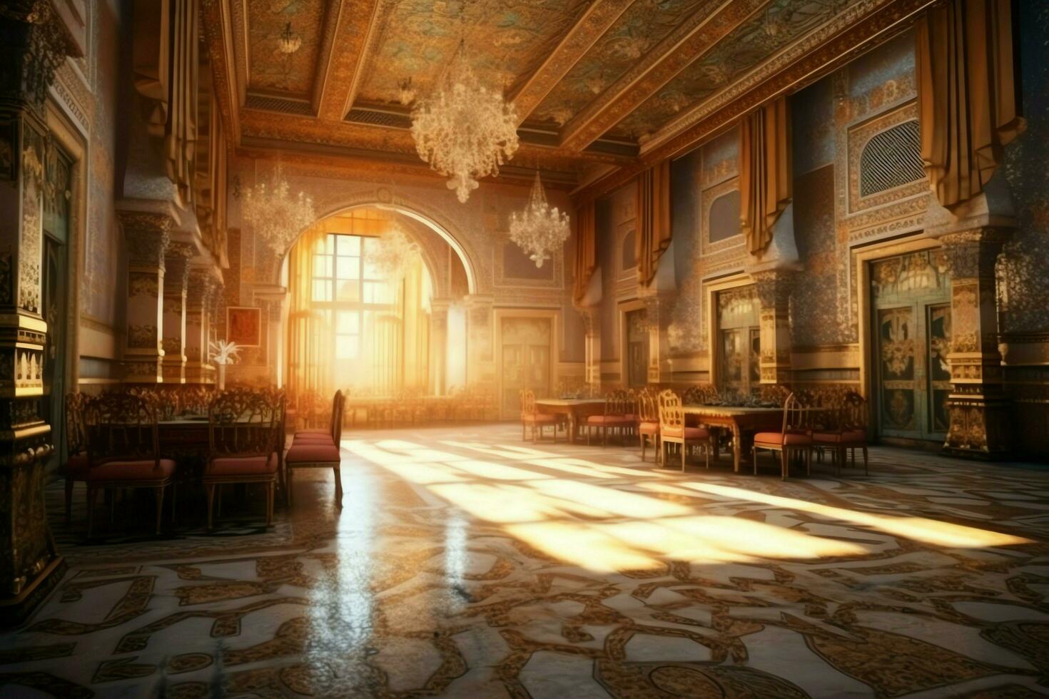 Very luxurious room and large with walls decorated with moroccan mosaic. Room in traditional islamic concept by AI Generated photo