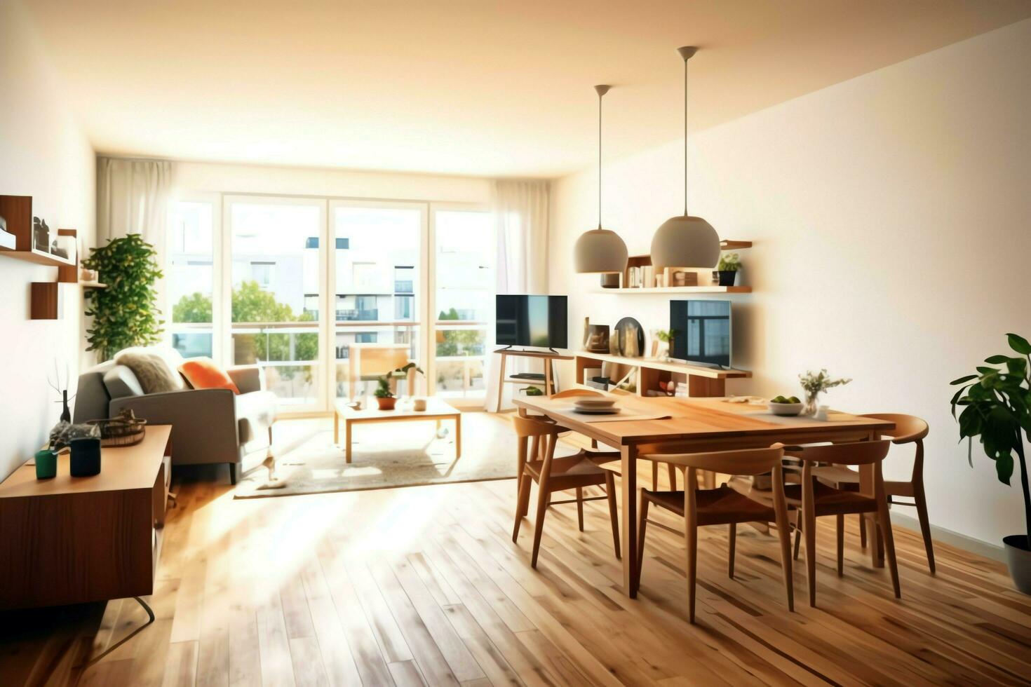 Modern apartment interior in living design with working table and bookshelf. Luxury home scandinavian concept by AI Generated photo