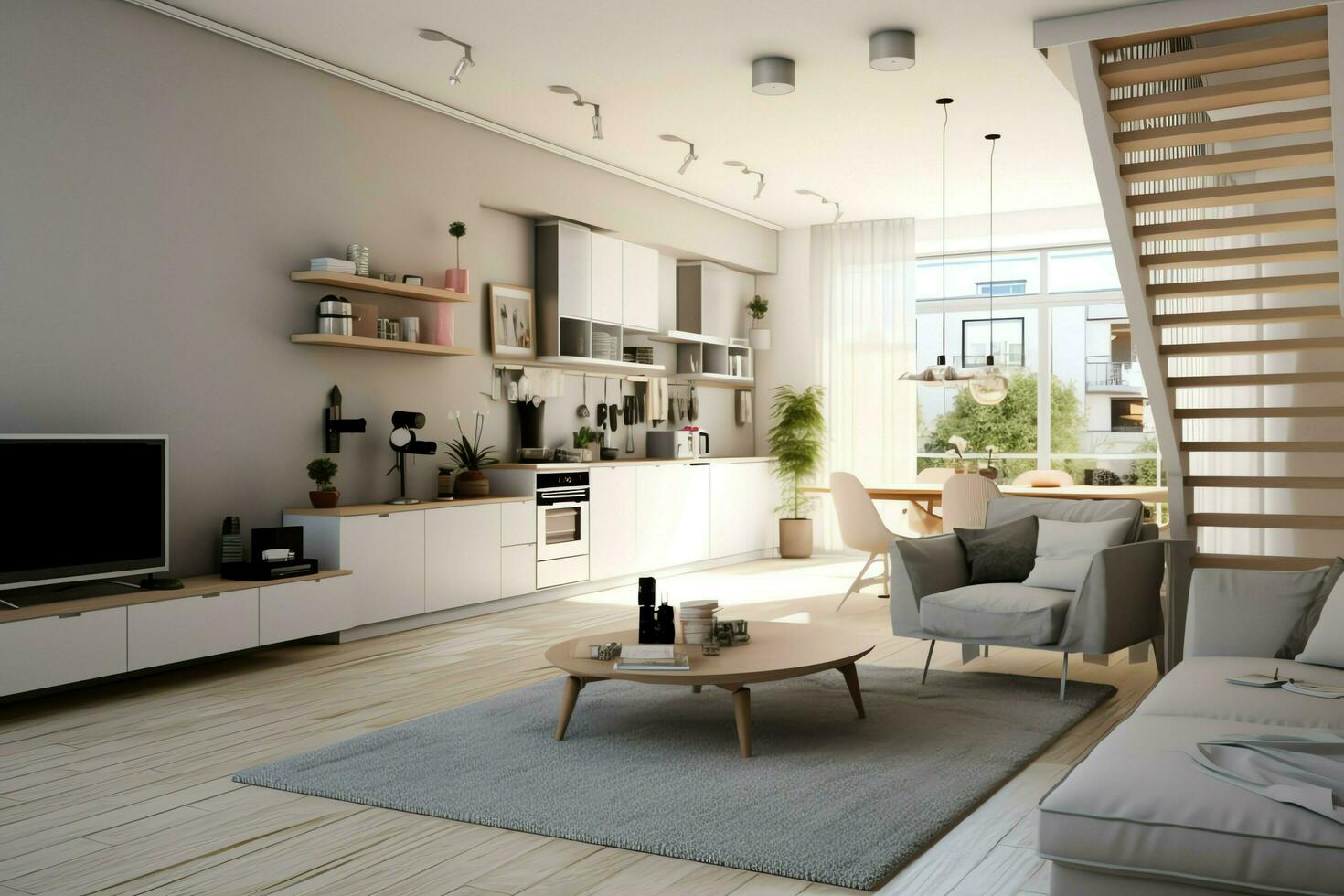 Modern apartment interior in living design with working table and bookshelf. Luxury home scandinavian concept by AI Generated photo