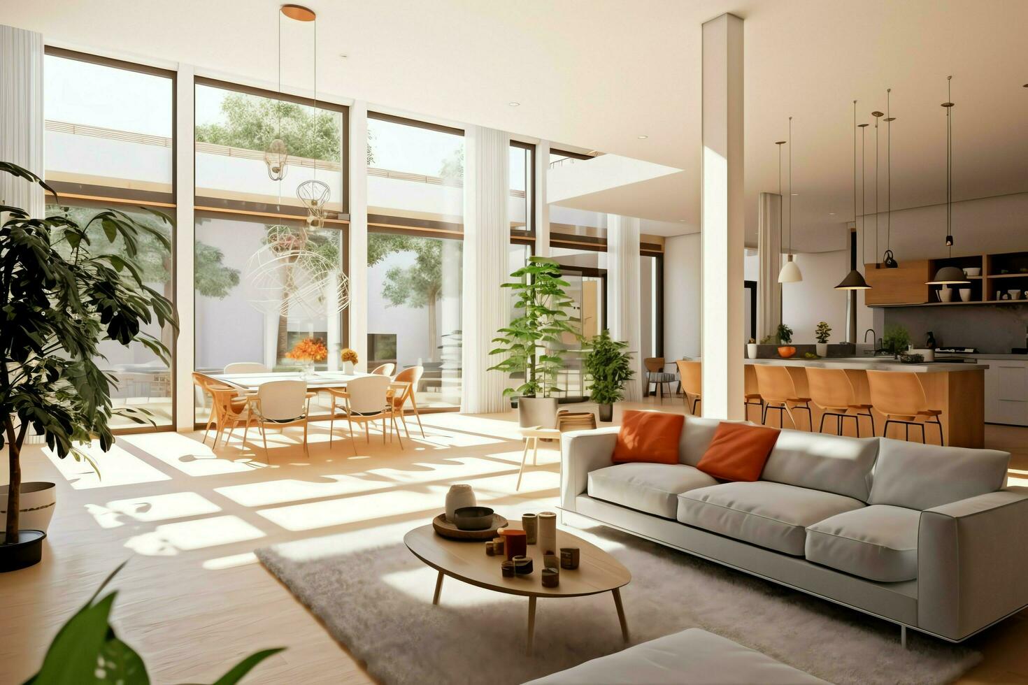 moderno Departamento interior en vivo diseño con trabajando mesa y estante para libros. lujo hogar escandinavo concepto por ai generado foto