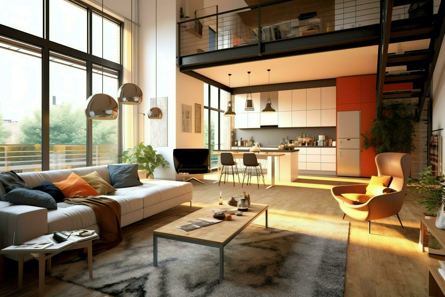 Modern apartment interior in living design with working table and bookshelf. Luxury home scandinavian concept by AI Generated photo