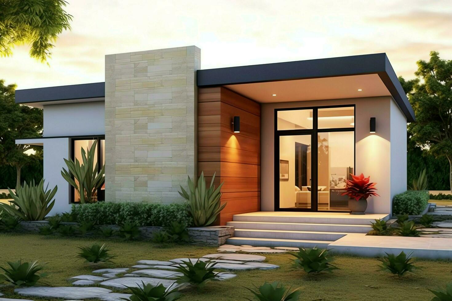 Beautiful modern house exterior with carport. Modern residential district and minimalist building concept by AI Generated photo