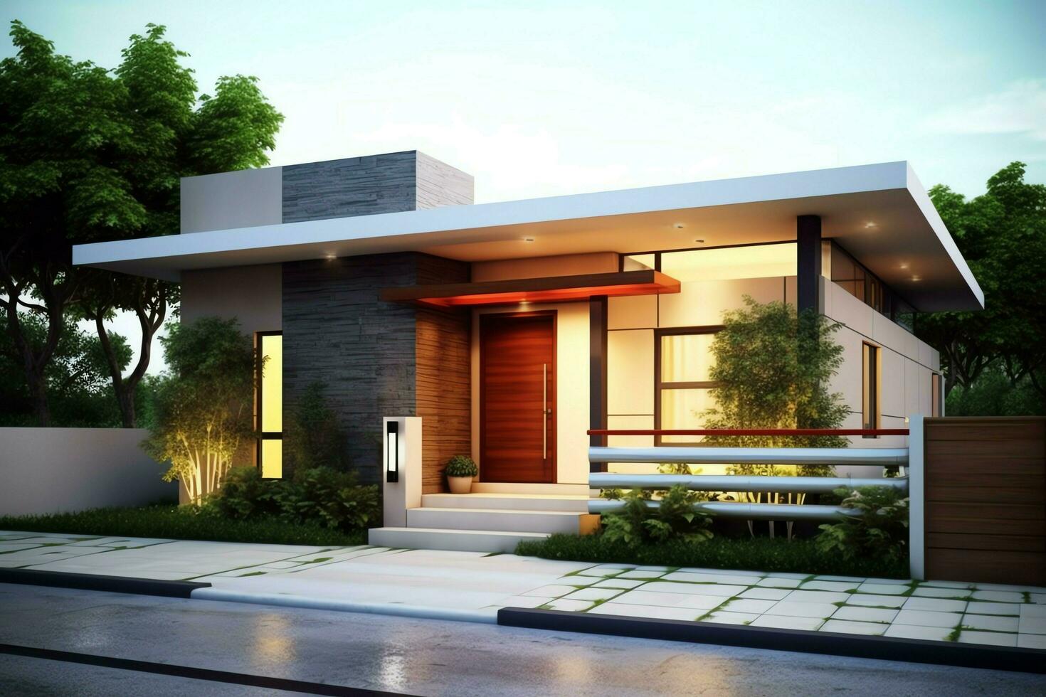 hermosa moderno casa exterior con cochera moderno residencial distrito y minimalista edificio concepto por ai generado foto