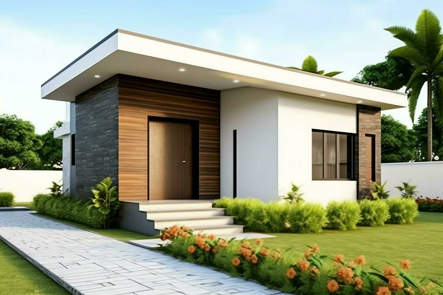 Beautiful modern house exterior with carport. Modern residential district and minimalist building concept by AI Generated photo