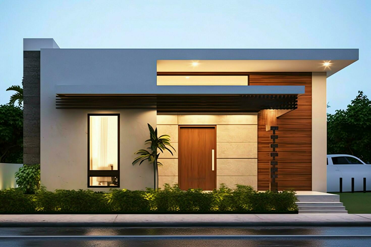 Beautiful modern house exterior with carport. Modern residential district and minimalist building concept by AI Generated photo