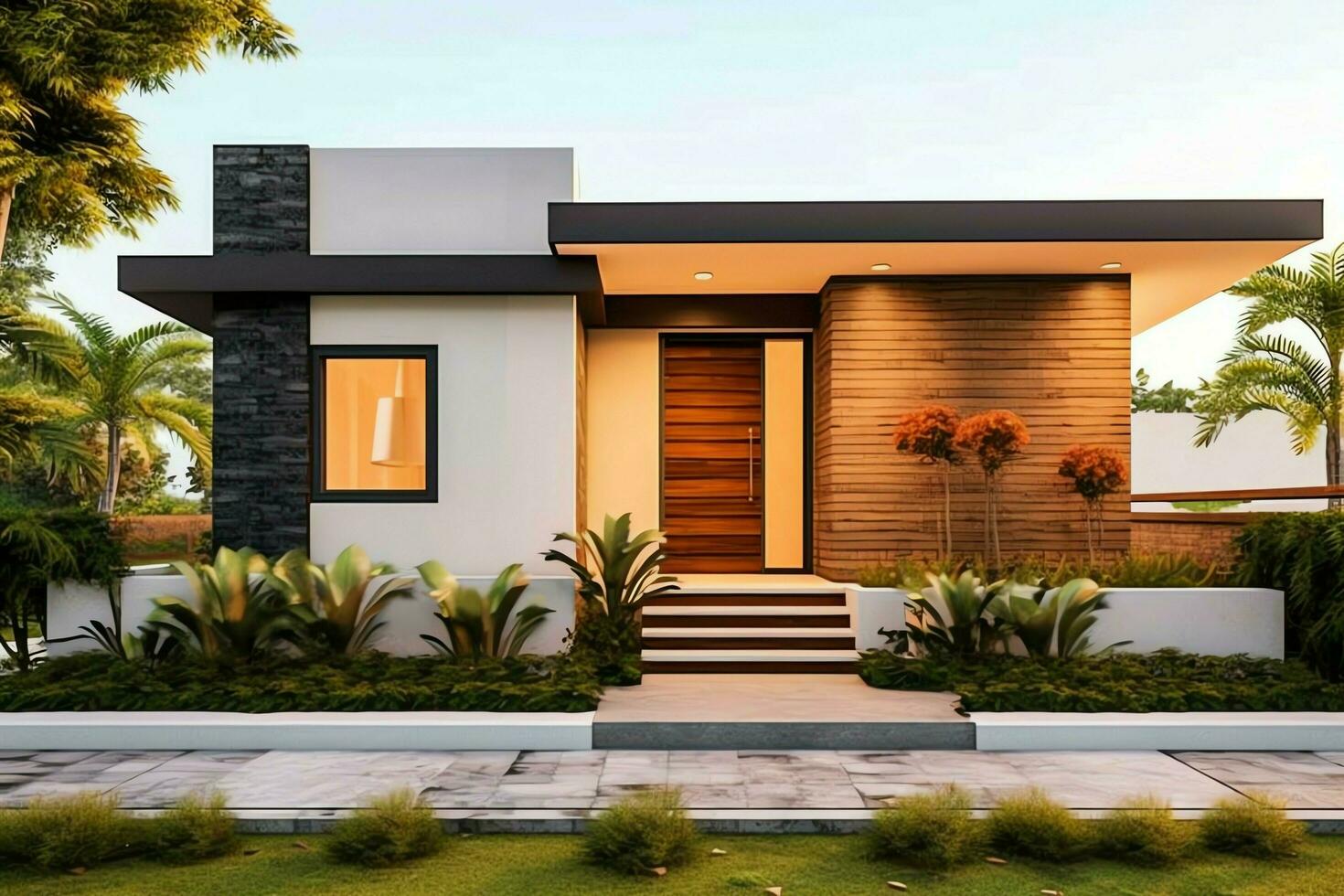 Beautiful modern house exterior with carport. Modern residential district and minimalist building concept by AI Generated photo