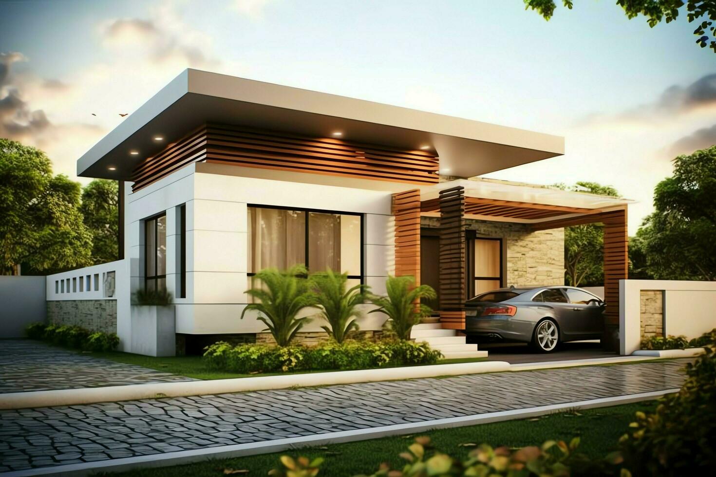 Beautiful modern house exterior with carport. Modern residential district and minimalist building concept by AI Generated photo