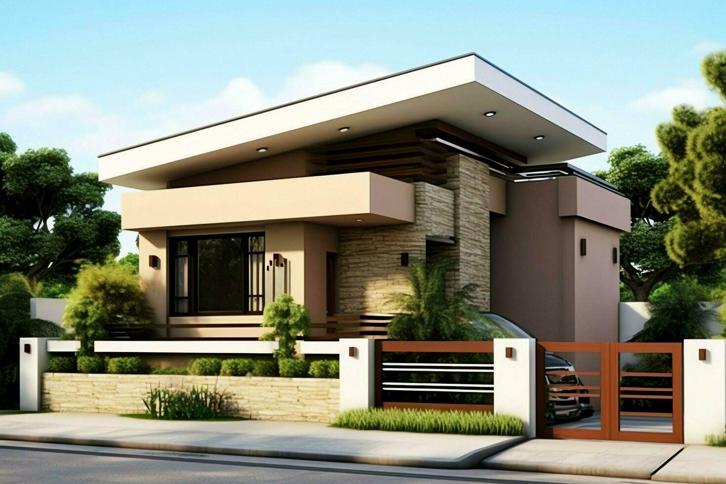 Beautiful modern house exterior with carport. Modern residential district and minimalist building concept by AI Generated photo