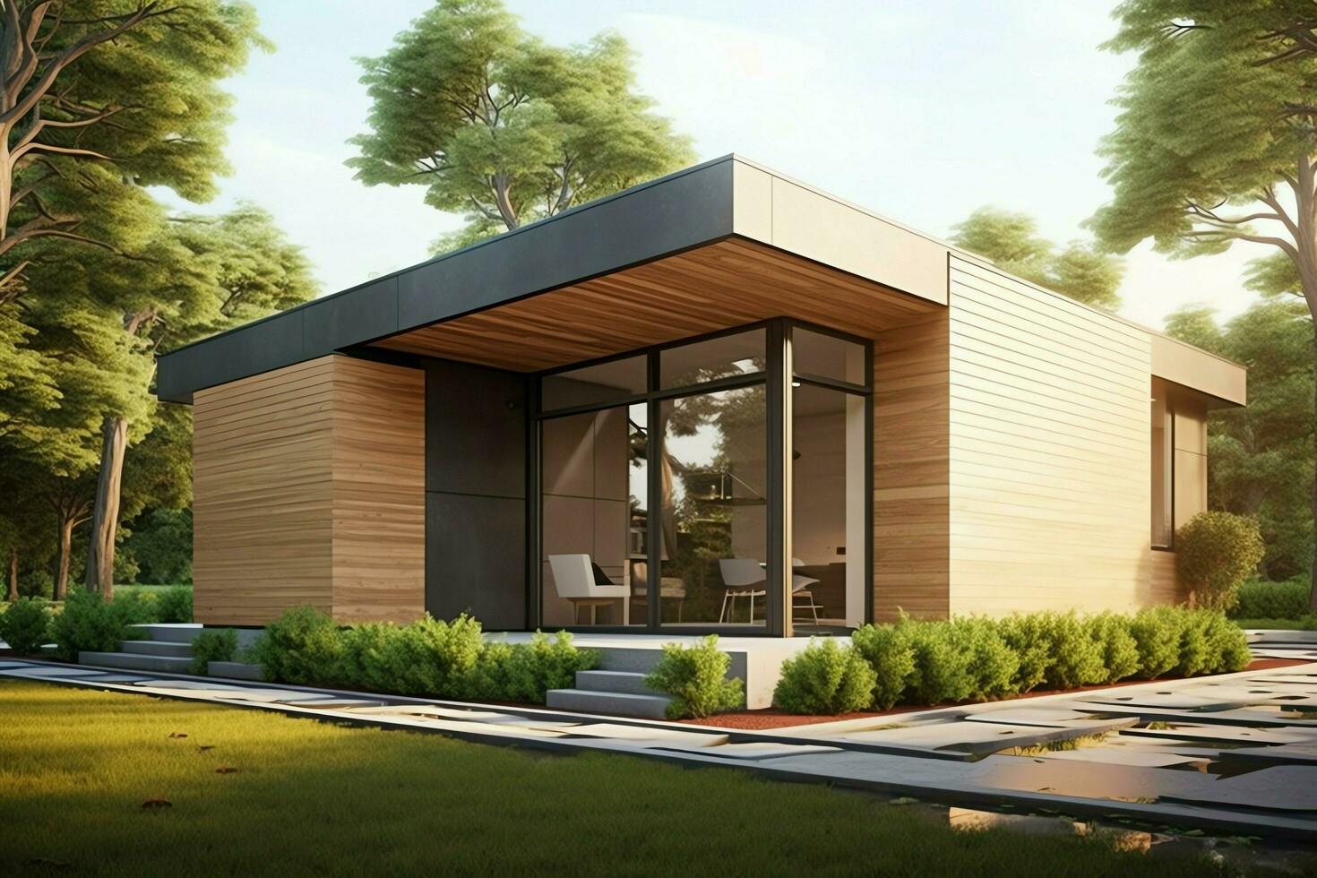 Beautiful modern house exterior with carport. Modern residential district and minimalist building concept by AI Generated photo