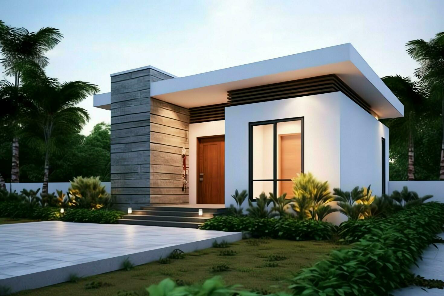 Beautiful modern house exterior with carport. Modern residential district and minimalist building concept by AI Generated photo