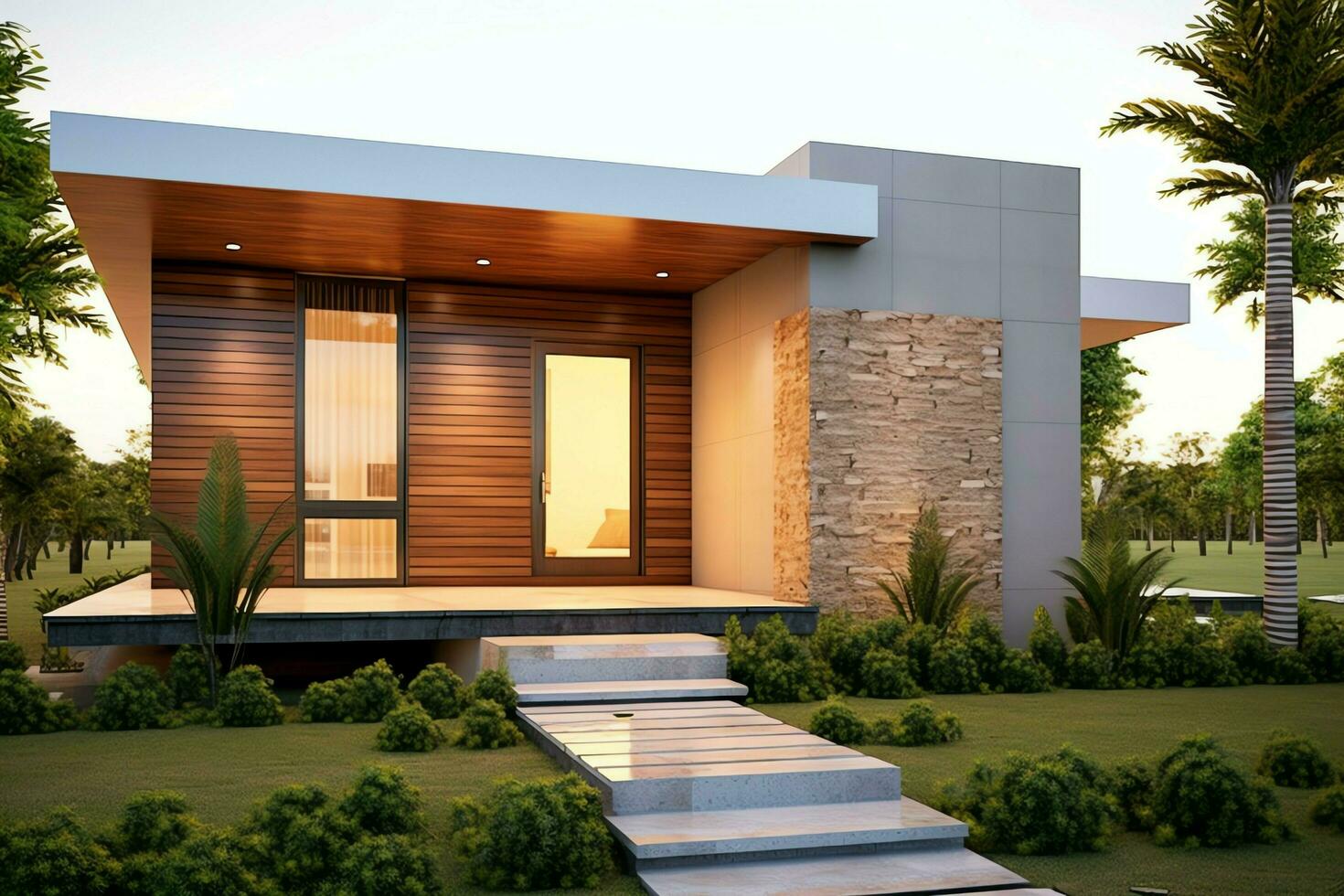 Beautiful modern house exterior with carport. Modern residential district and minimalist building concept by AI Generated photo