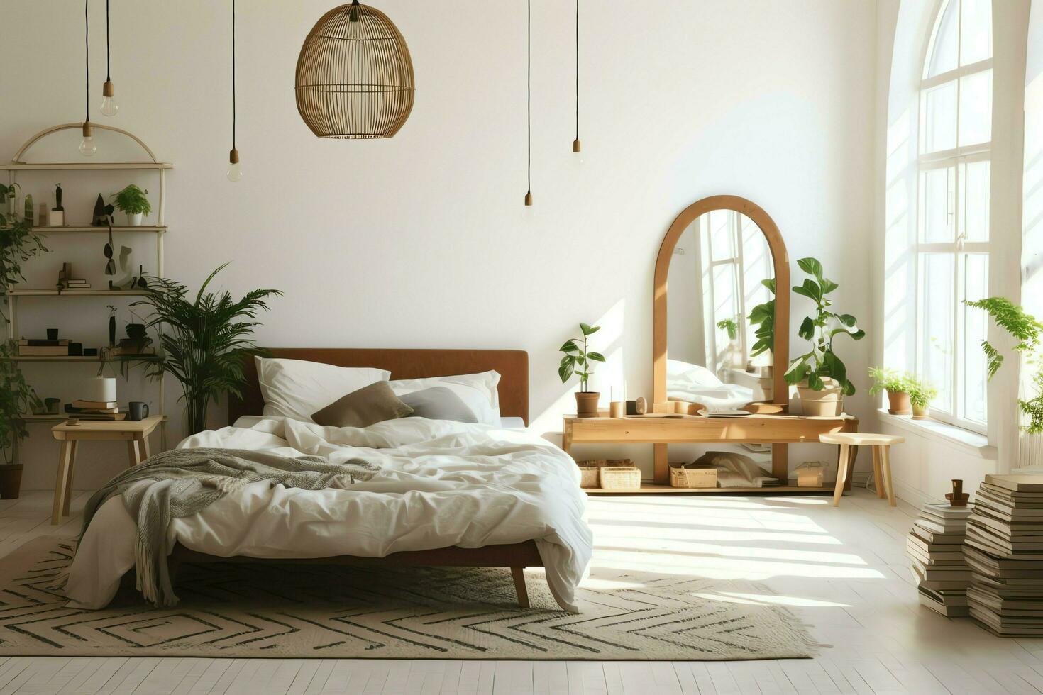 Modern bedroom interior design in apartment or house with furniture. Luxury bedroom scandinavian concept by AI Generated photo