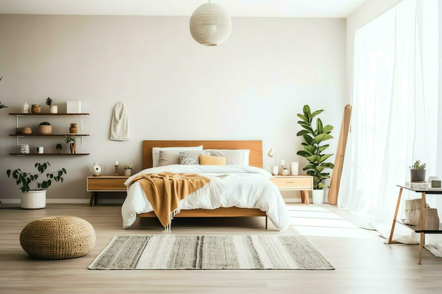 Modern bedroom interior design in apartment or house with furniture. Luxury bedroom scandinavian concept by AI Generated photo
