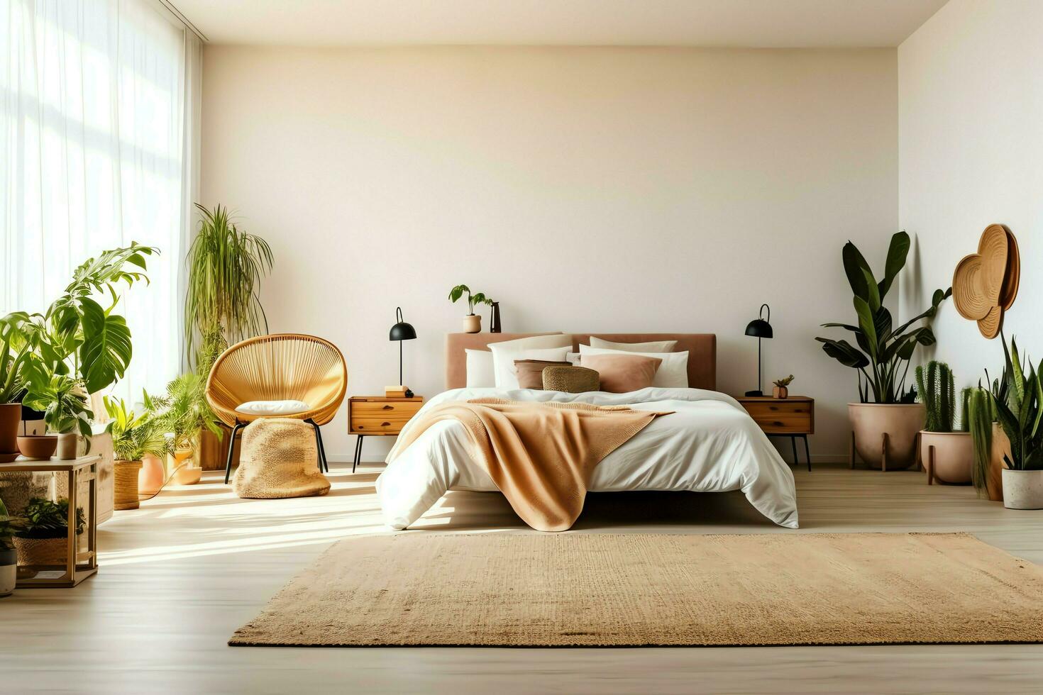 Modern bedroom interior design in apartment or house with furniture. Luxury bedroom scandinavian concept by AI Generated photo