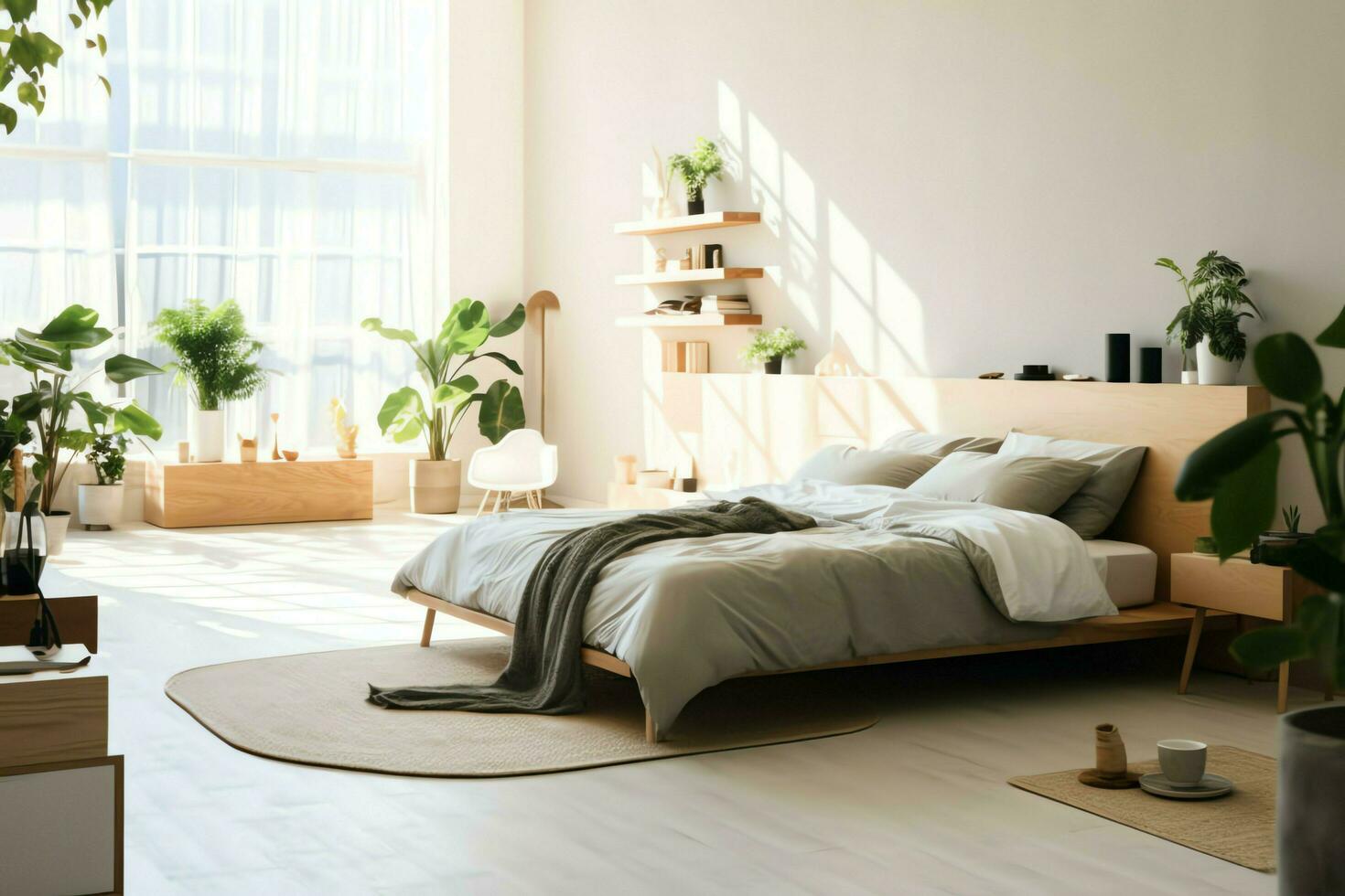 Modern bedroom interior design in apartment or house with furniture. Luxury bedroom scandinavian concept by AI Generated photo