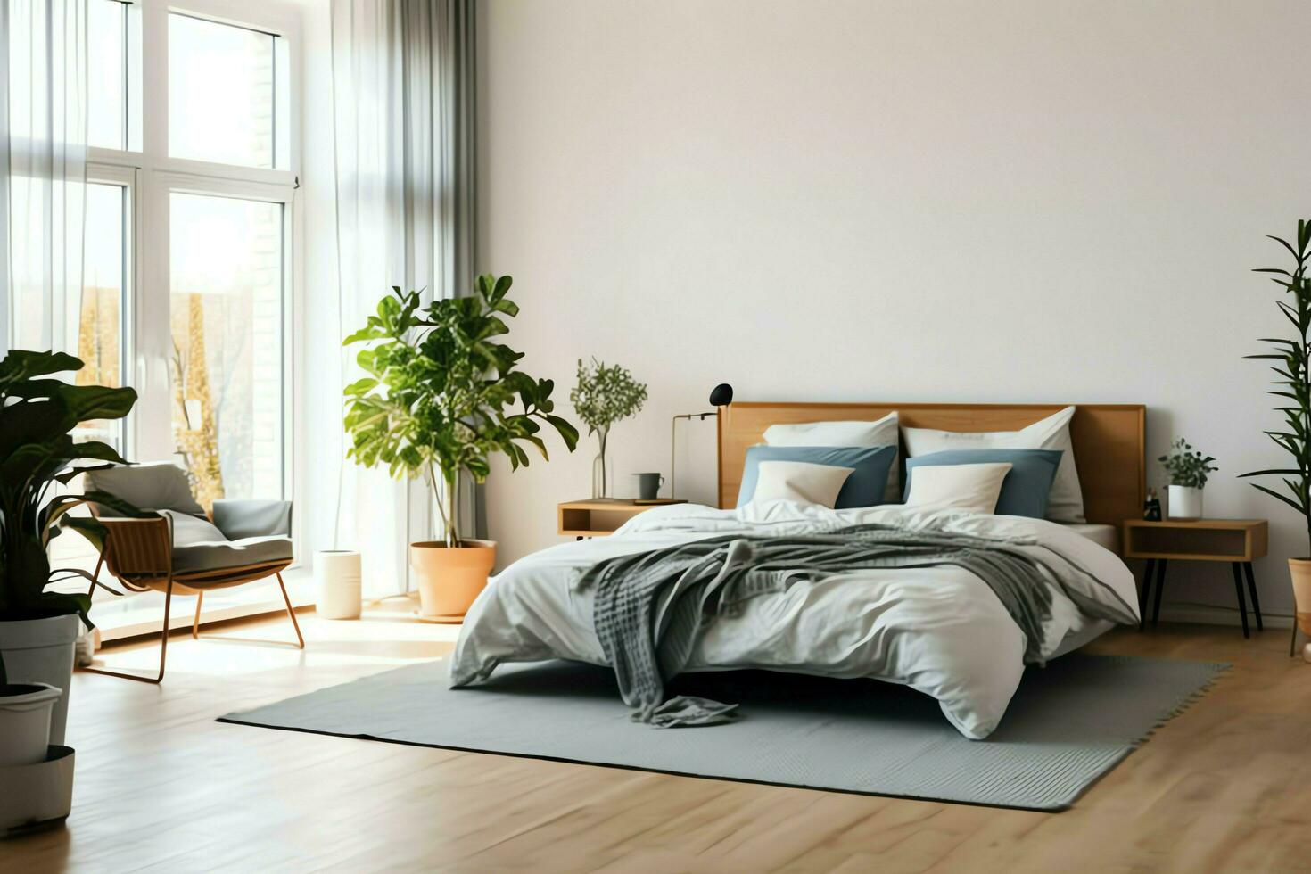 Modern bedroom interior design in apartment or house with furniture. Luxury bedroom scandinavian concept by AI Generated photo