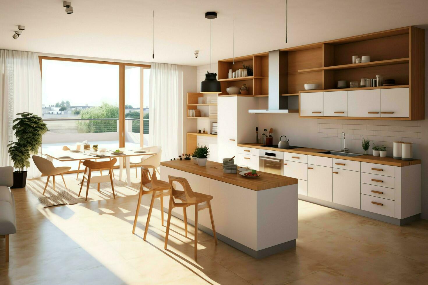 Modern kitchen interior design in apartment or house with furniture. Luxury kitchen home scandinavian concept by AI Generated photo