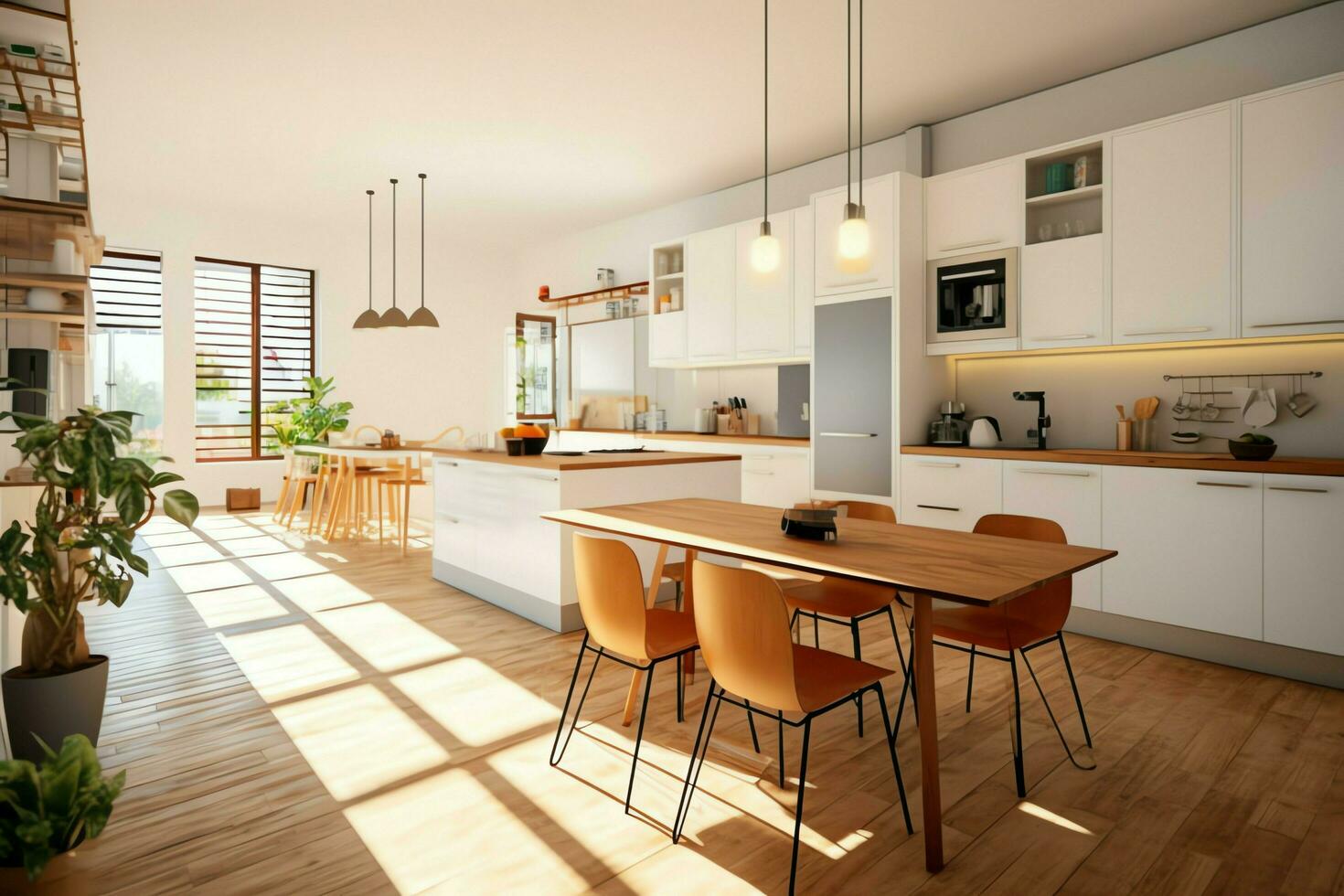 Modern kitchen interior design in apartment or house with furniture. Luxury kitchen home scandinavian concept by AI Generated photo