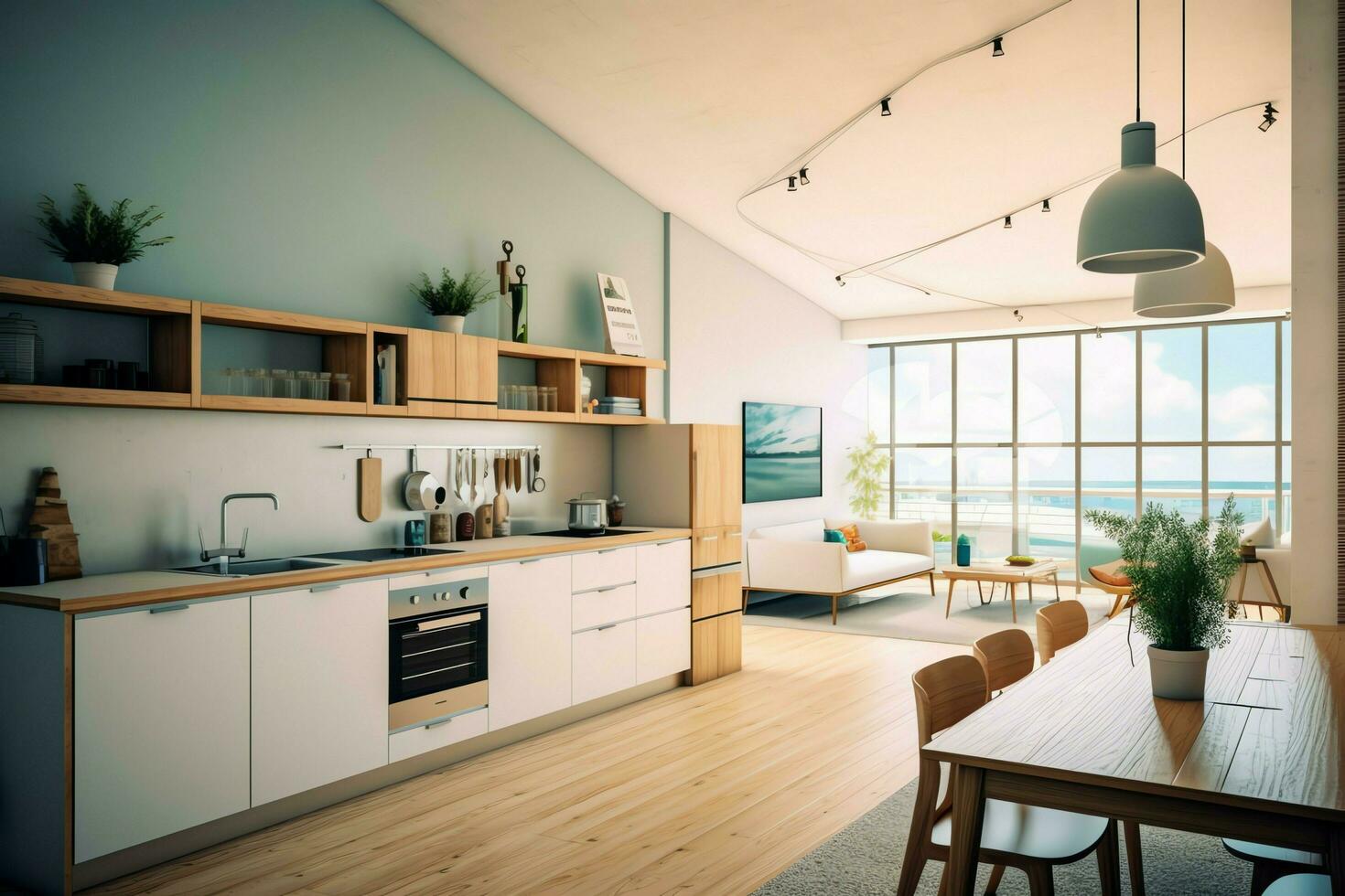 Modern kitchen interior design in apartment or house with furniture. Luxury kitchen home scandinavian concept by AI Generated photo