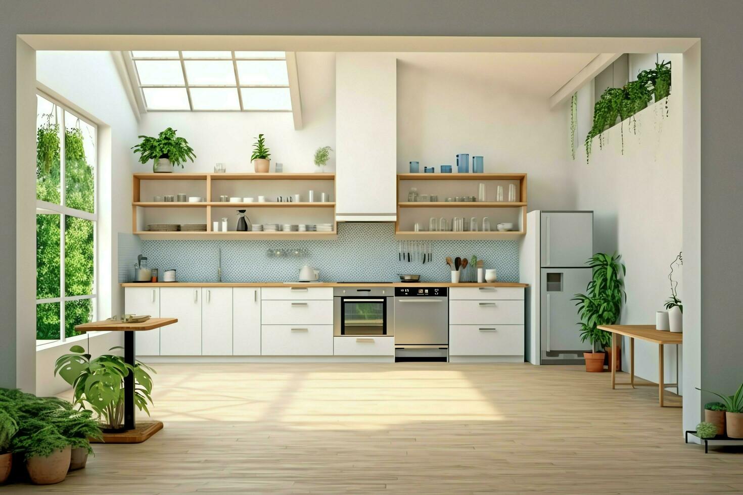 Modern kitchen interior design in apartment or house with furniture. Luxury kitchen home scandinavian concept by AI Generated photo
