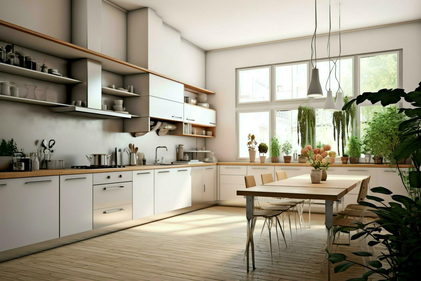 Modern kitchen interior design in apartment or house with furniture. Luxury kitchen home scandinavian concept by AI Generated photo