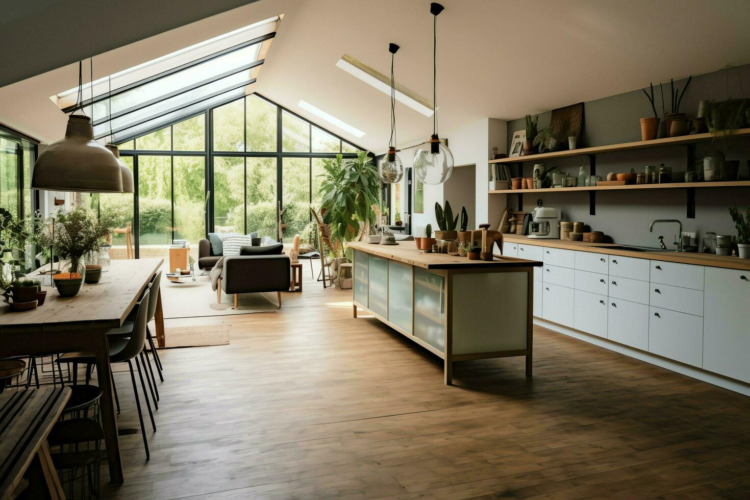 moderno cocina interior diseño en Departamento o casa con mueble. lujo cocina hogar escandinavo concepto por ai generado foto