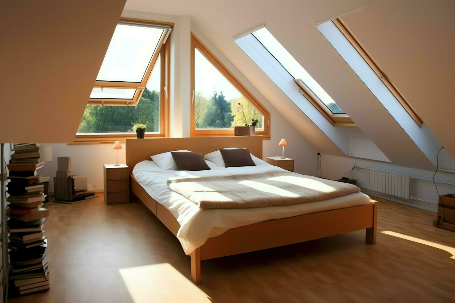 Modern dormer loft conversion interior design in apartment or house at UK. Luxury triangle attic room concept by AI Generated photo