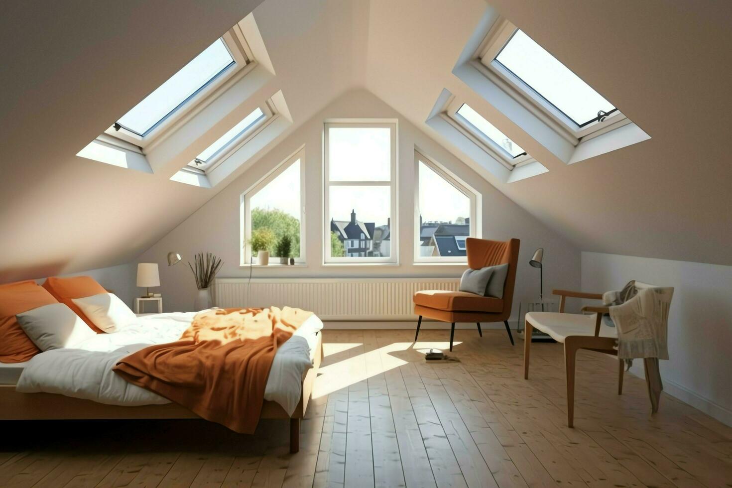 Modern dormer loft conversion interior design in apartment or house at UK. Luxury triangle attic room concept by AI Generated photo