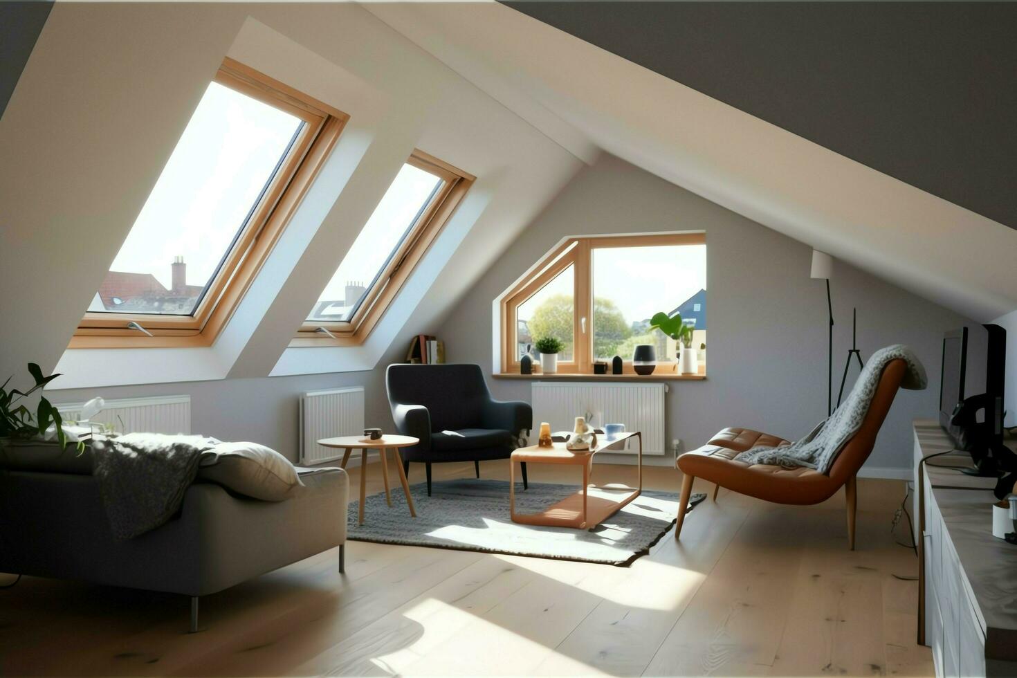 Modern dormer loft conversion interior design in apartment or house at UK. Luxury triangle attic room concept by AI Generated photo