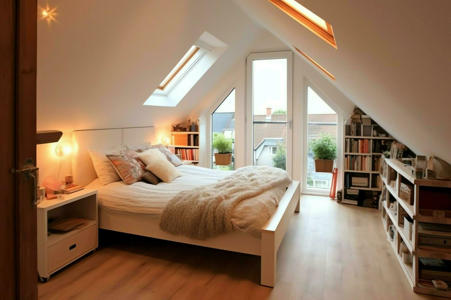 Modern dormer loft conversion interior design in apartment or house at UK. Luxury triangle attic room concept by AI Generated photo