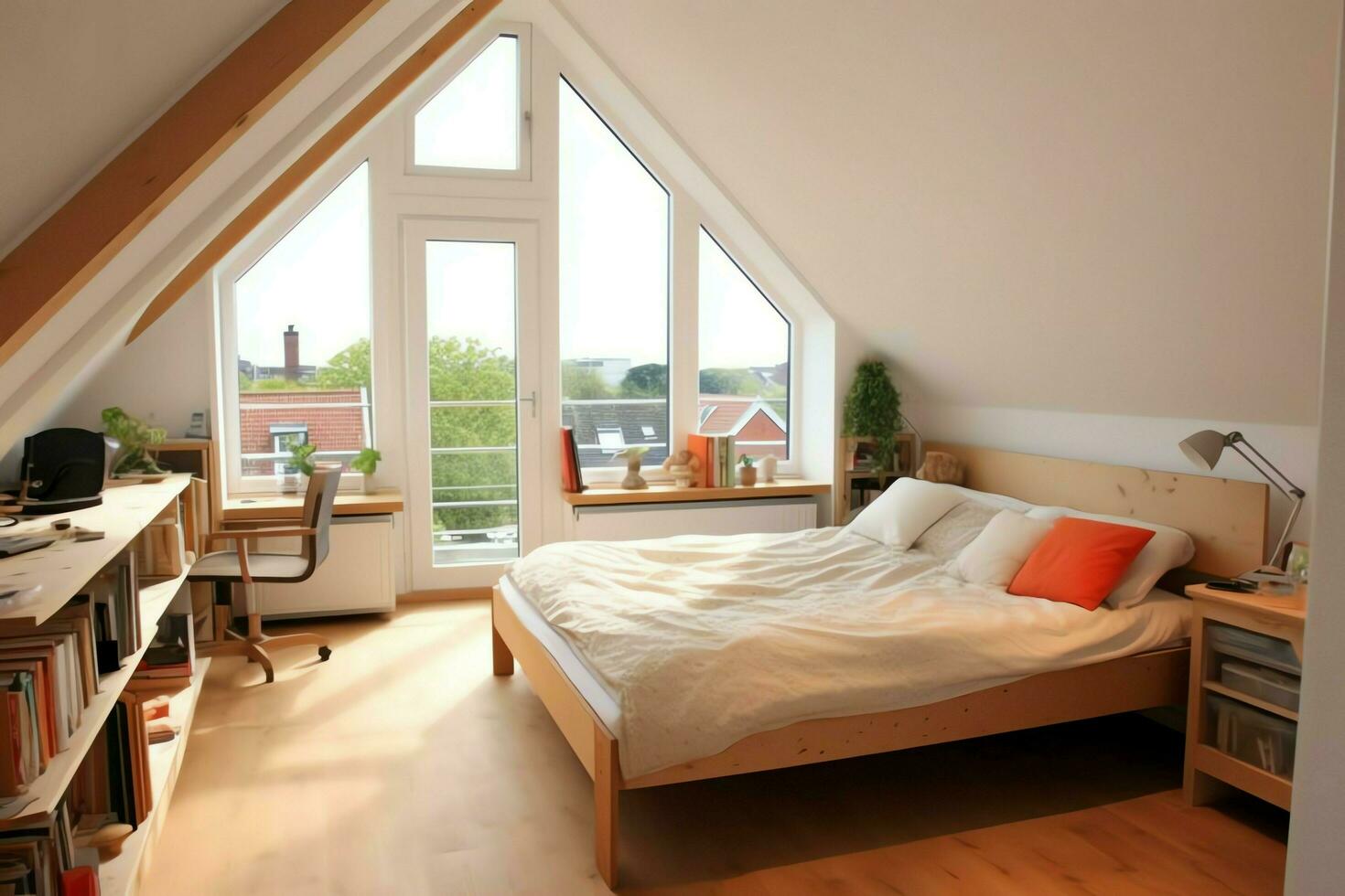 Modern dormer loft conversion interior design in apartment or house at UK. Luxury triangle attic room concept by AI Generated photo