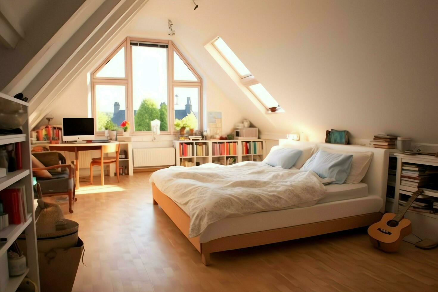 Modern dormer loft conversion interior design in apartment or house at UK. Luxury triangle attic room concept by AI Generated photo