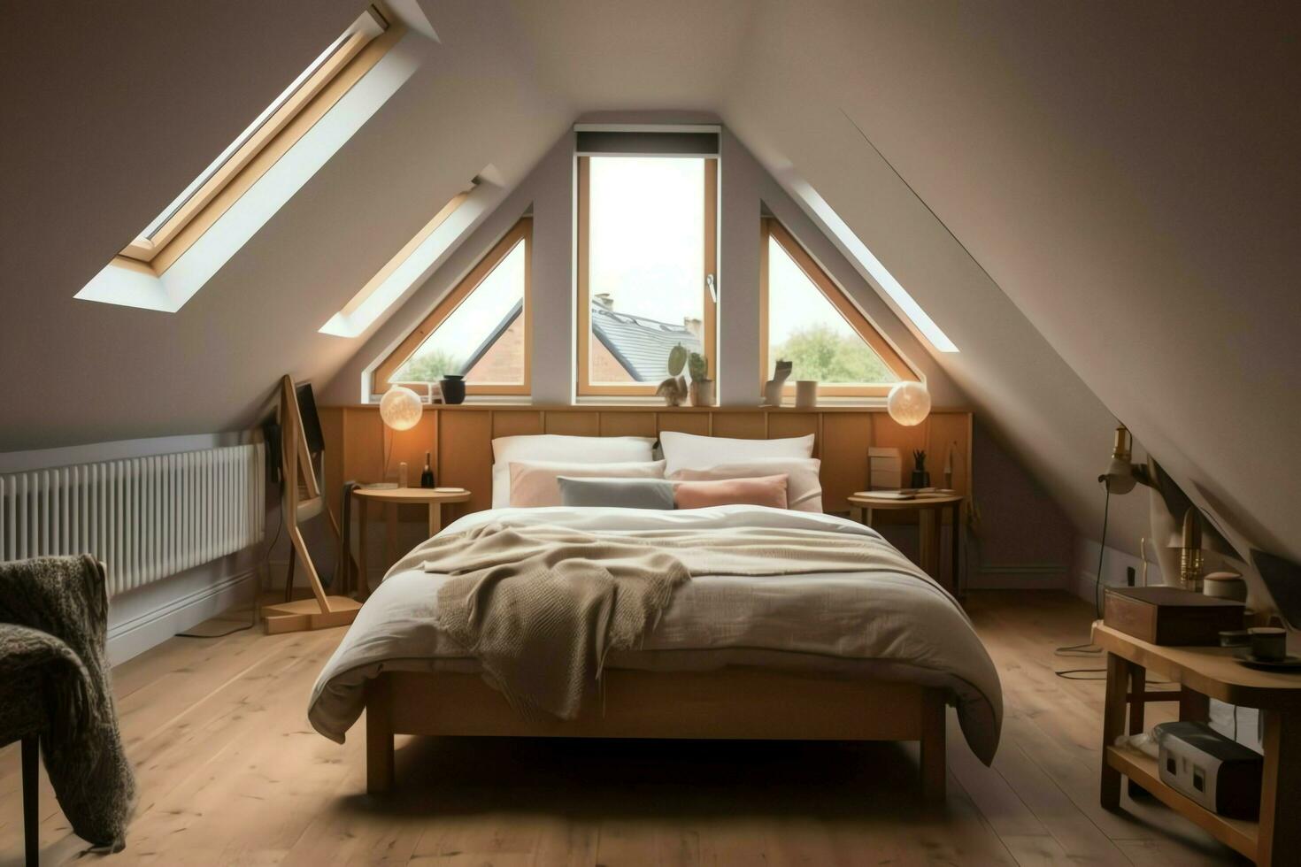 Modern dormer loft conversion interior design in apartment or house at UK. Luxury triangle attic room concept by AI Generated photo