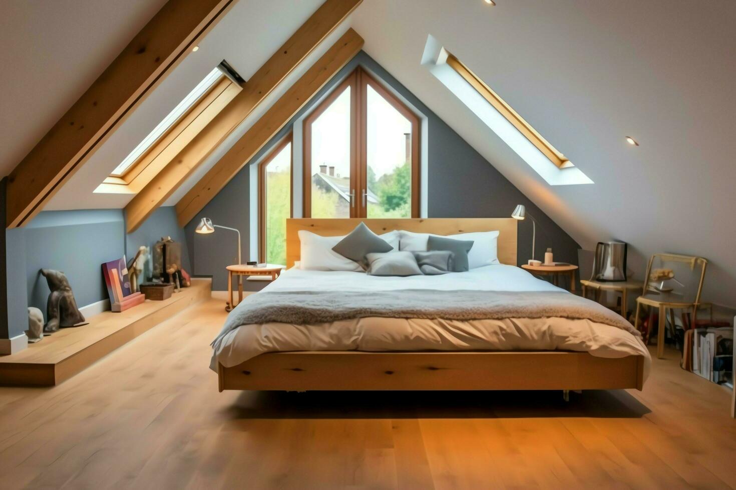 Modern dormer loft conversion interior design in apartment or house at UK. Luxury triangle attic room concept by AI Generated photo