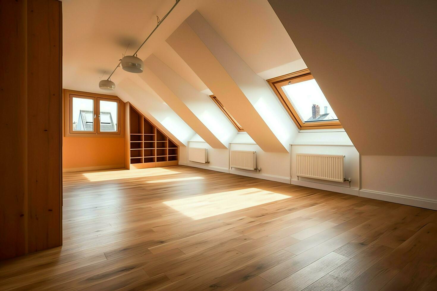 Modern dormer loft conversion interior design in apartment or house at UK. Luxury triangle attic room concept by AI Generated photo