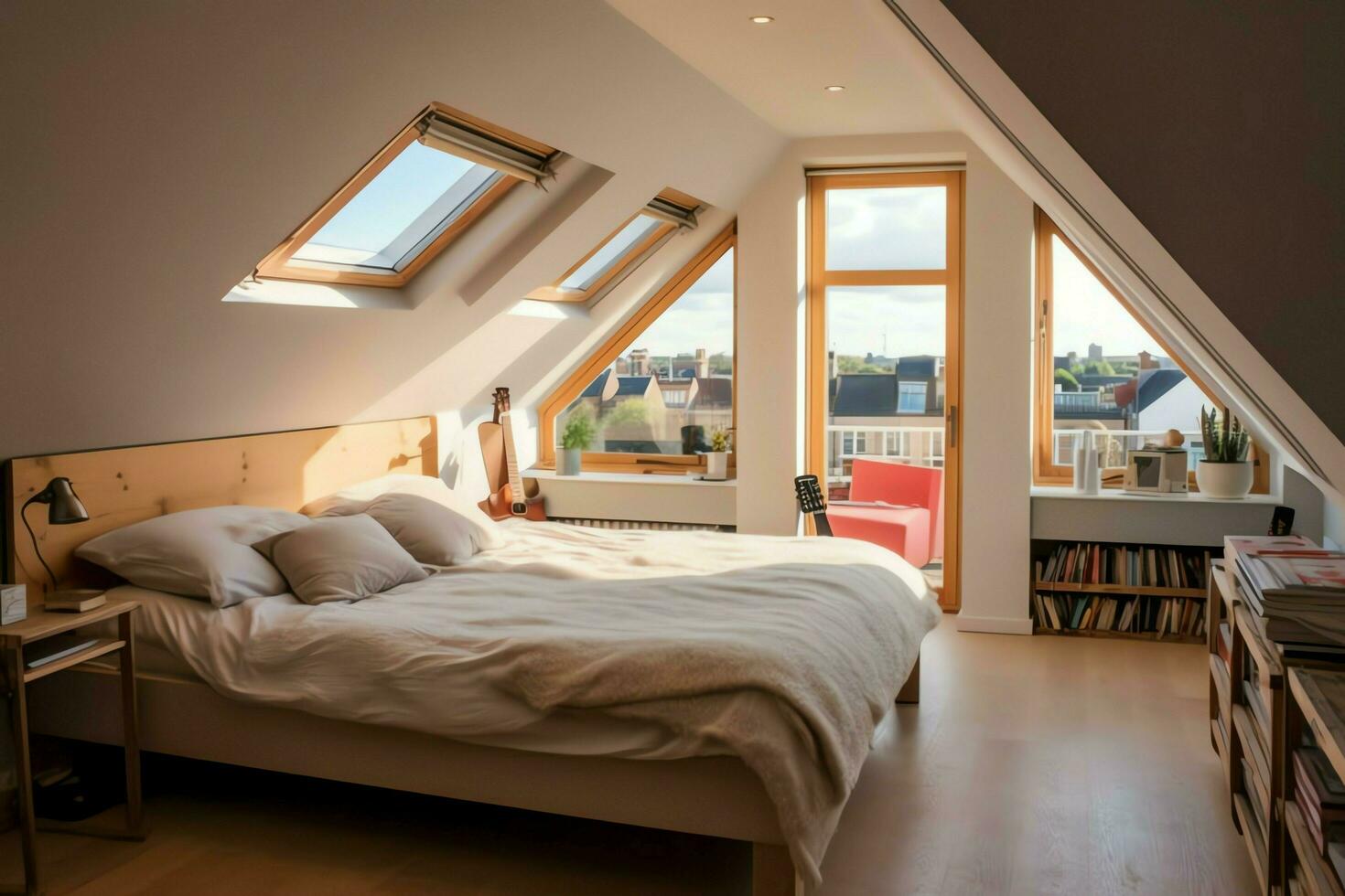 Modern dormer loft conversion interior design in apartment or house at UK. Luxury triangle attic room concept by AI Generated photo