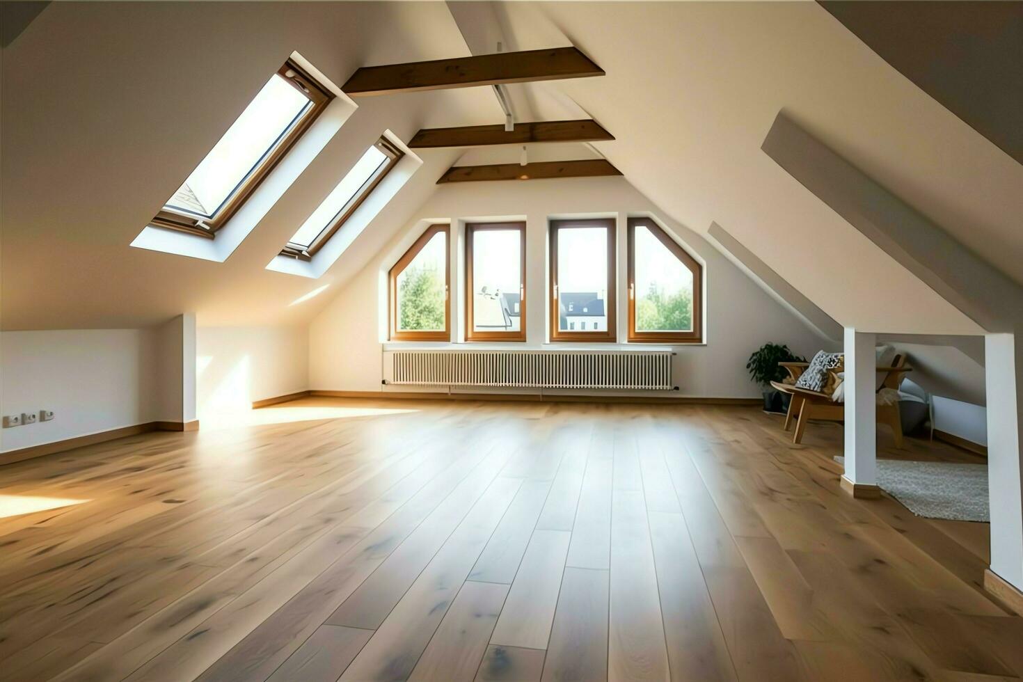 Modern dormer loft conversion interior design in apartment or house at UK. Luxury triangle attic room concept by AI Generated photo
