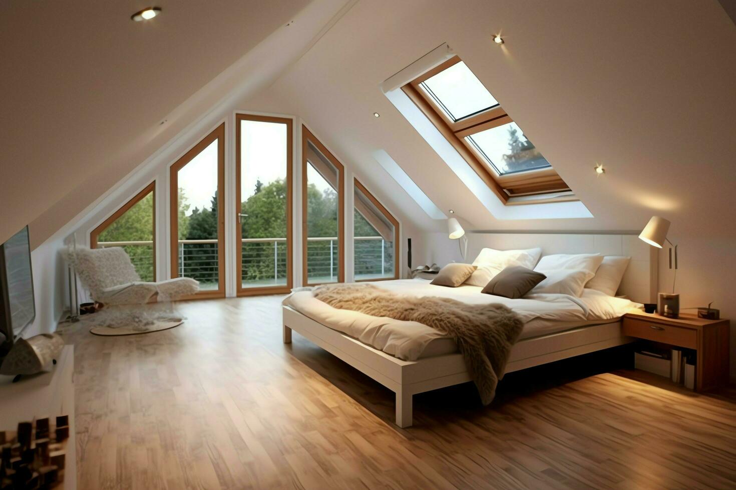 Modern dormer loft conversion interior design in apartment or house at UK. Luxury triangle attic room concept by AI Generated photo