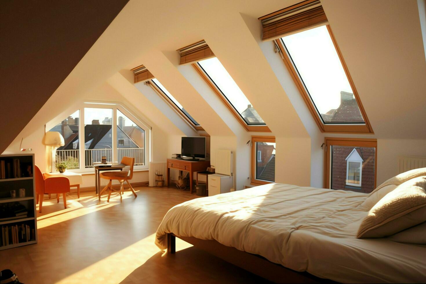 moderno claraboya desván conversión interior diseño en Departamento o casa a Reino Unido. lujo triángulo ático habitación concepto por ai generado foto