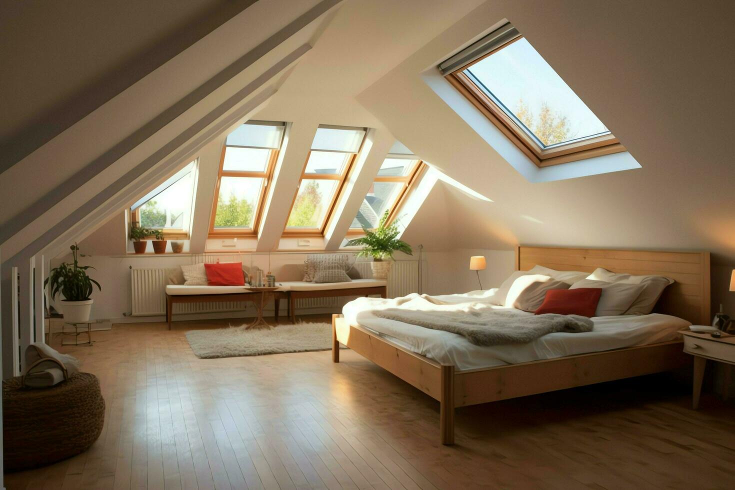 Modern dormer loft conversion interior design in apartment or house at UK. Luxury triangle attic room concept by AI Generated photo