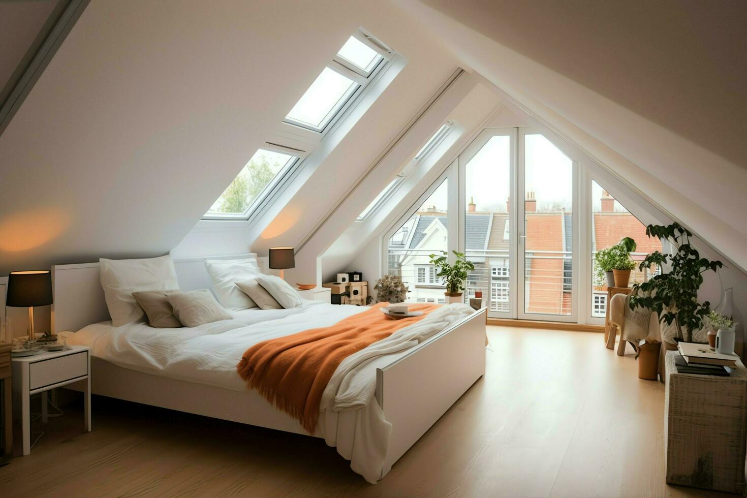 Modern dormer loft conversion interior design in apartment or house at UK. Luxury triangle attic room concept by AI Generated photo